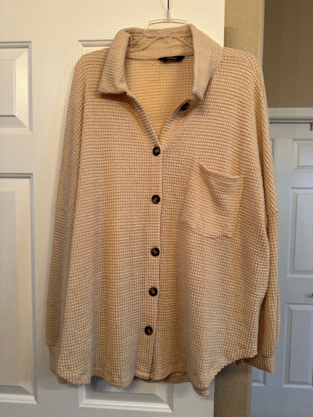 Relaxed Knit Button-Front Cardigan in Light Beige